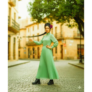 Vintage 70s Mint Green Pleated Maxi Dress